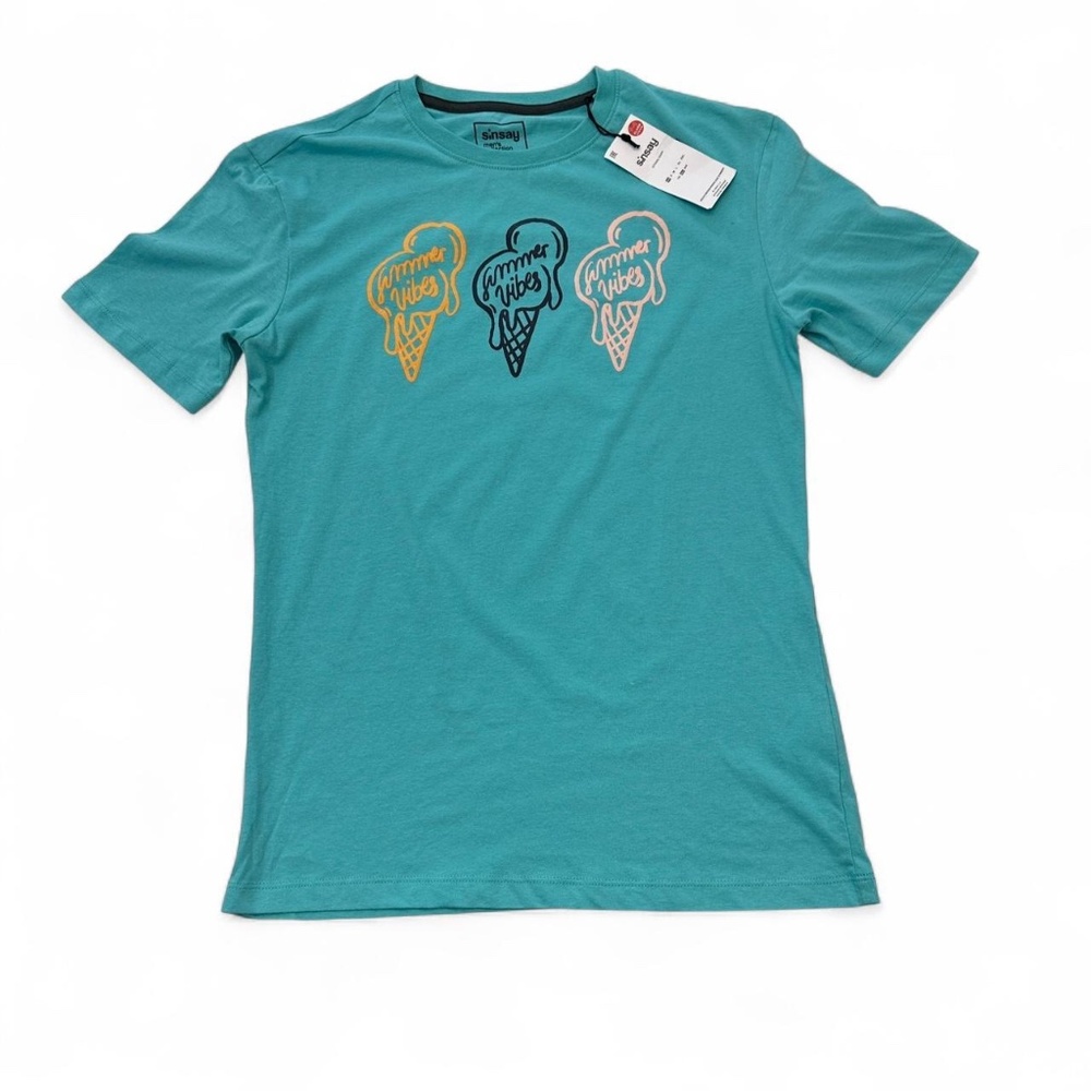 NWT Sinsay Shirt Mens XS Aqua Summer Vibes Ice Cream Cone Tee